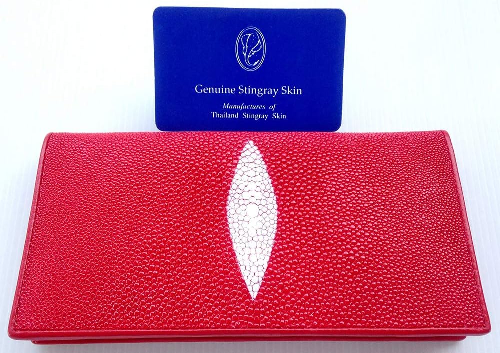 Julie Genuine Real Stingray Skin Leather One Eye Checkbook Long Red Wallet