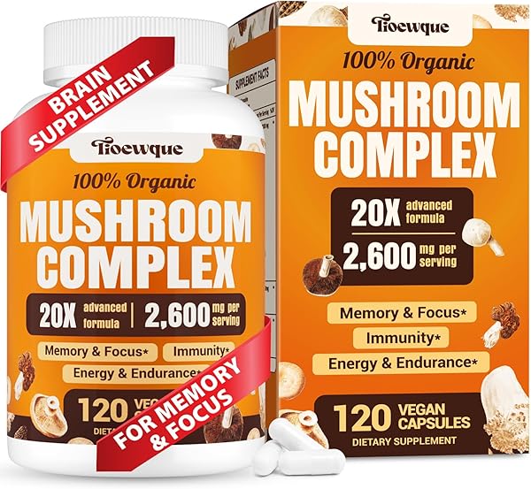 Brain Supplements for Memory and Focus, Mushroom Supplement, 20 in 1 Mushroom Complex with Lions Mane, Reishi, Turkey Tail, Cordyceps, Shiitake, for Focus, Brian, Memory Supplement, 120 Capsules