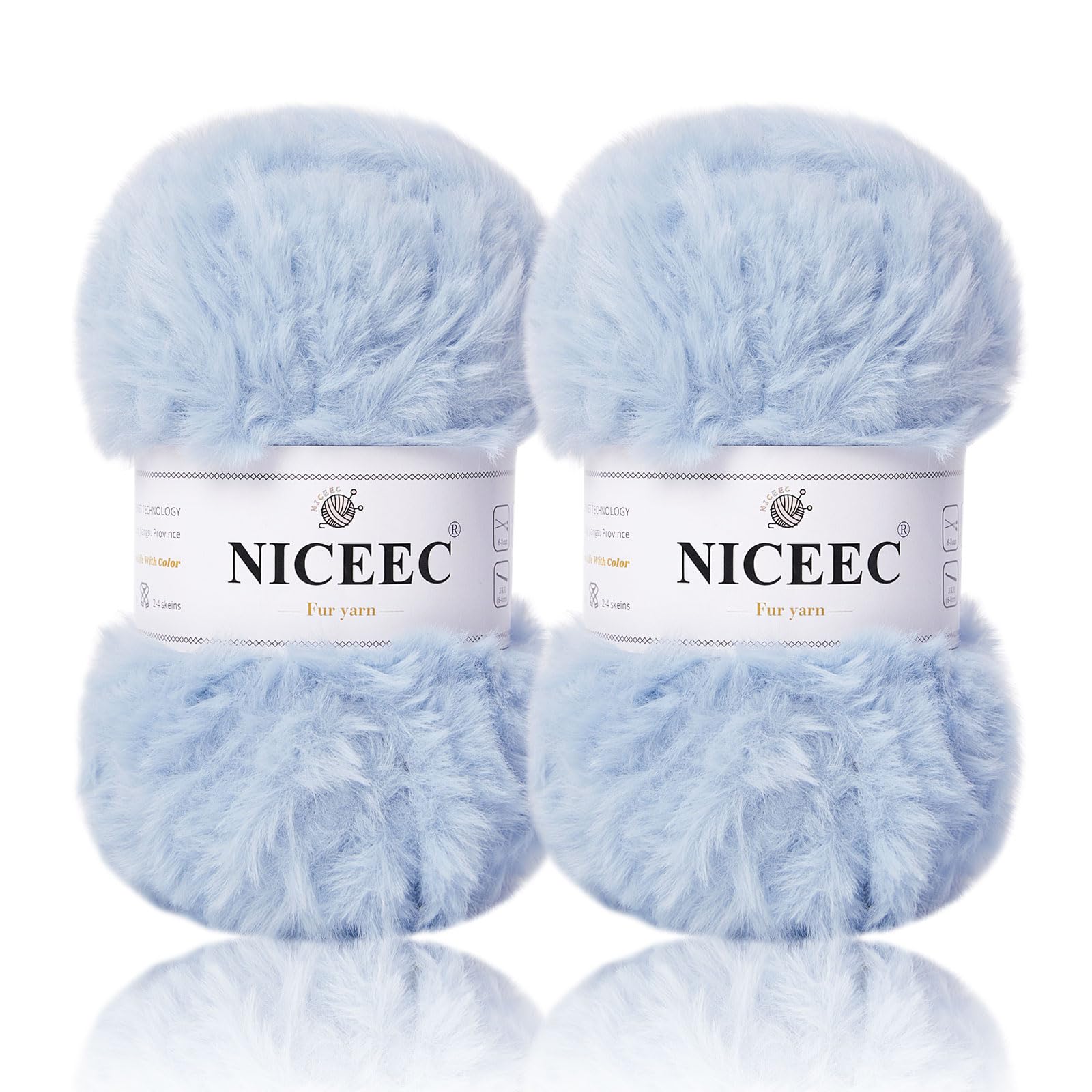 NICEEC 2 Skeins Faux Fur Yarn Super Soft, Chunky & Fluffy, Eyelash Yarn for Crochet & Knitting (Total Length 70yds,3.53oz) - Mist Blue