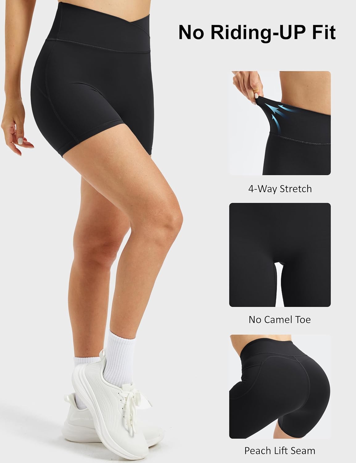 MAGCOMSEN Crossover Biker Shorts Women 4" No Front Seam High Waist Tummy Control Yoga Workout Gym Shorts Back Pocket