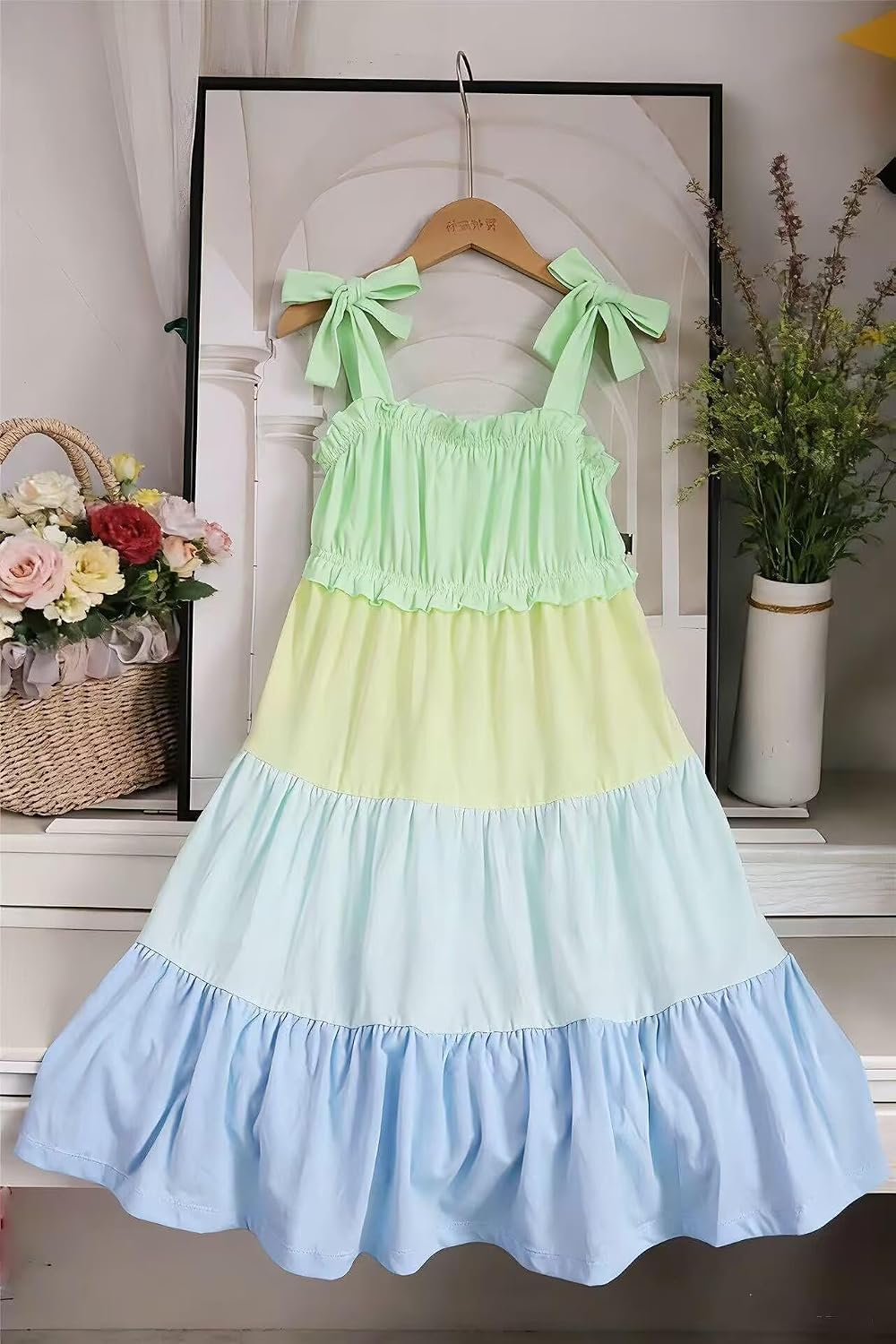 Girls Summer Cotton Dress Toddler Ruffle Sleeve Sundress 3-8 Years | 2 Pieces Tiered Twirly Sleeveless Dress