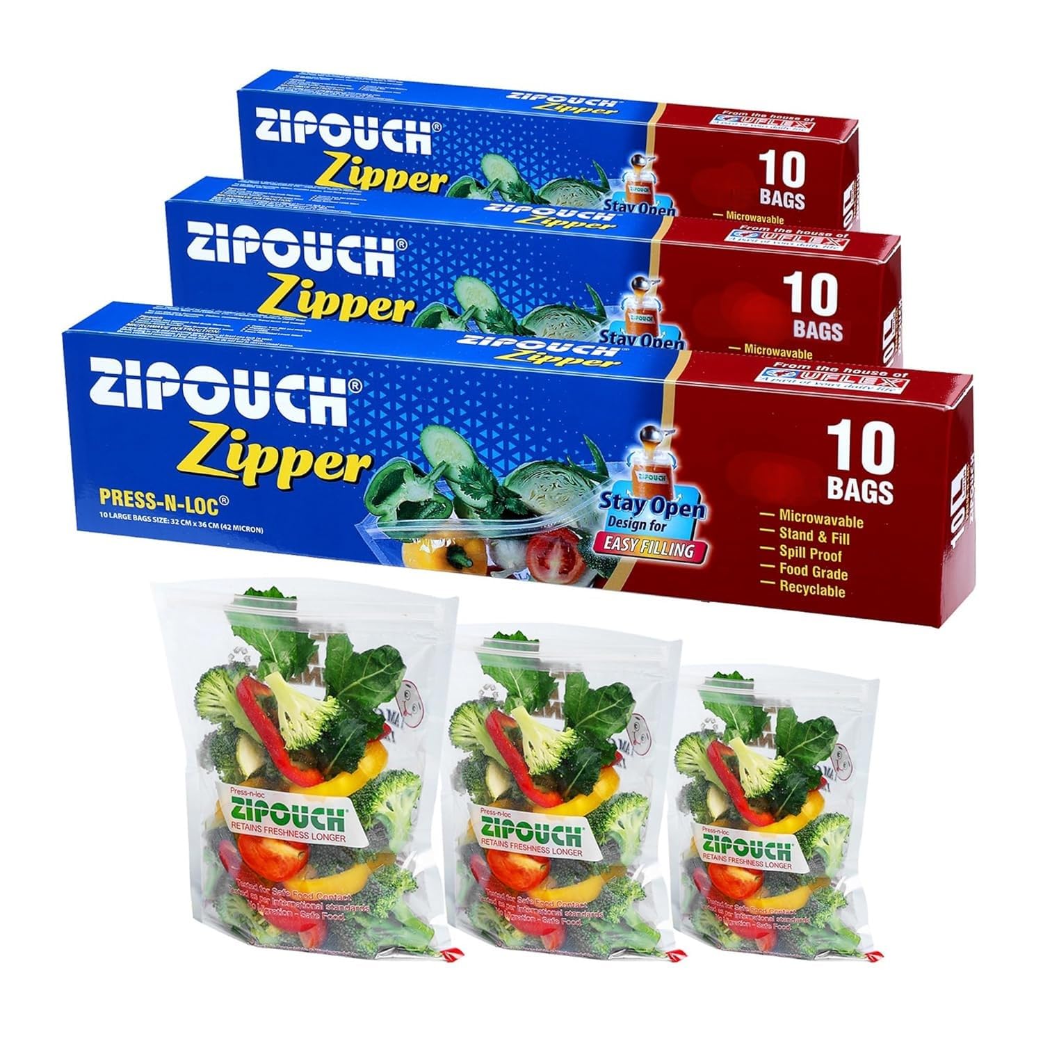 Zip Lock Bag with Zipper | Pack of 3 (30 Large, 32×48 cm) | Ziplock Bag for Fridge Storage & Travel Packing | Microwave & Freezer Safe Zip Lock Covers & Zipper Pouch for Food Storage & Kitchen