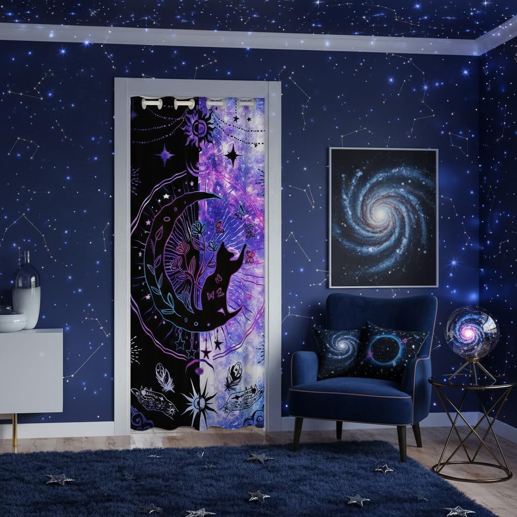 Castle Fairy Dreamy Starry Galaxy Door Curtain, Cute Cat Wild Butterfly Decor, Blue Purple Tie Dye Clouds, Exotic Door Drape, Bedroom Privacy, 1 Panel, 34" W x 80" L