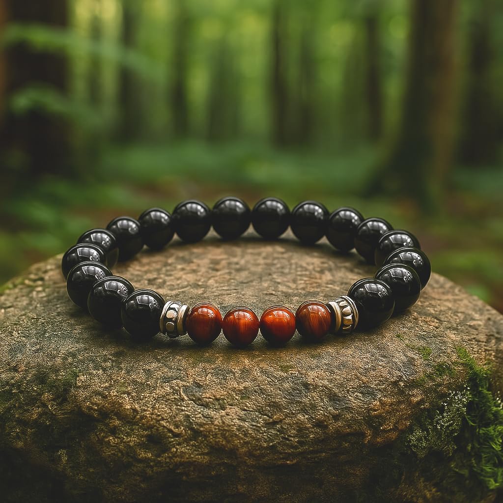 Kartini Studio Natural Stone Bracelet, Gift Idea for Man, Bead Bracelet for Men, Red Tiger's Eye and Black Obsidian Jewelry for Man - Image 3