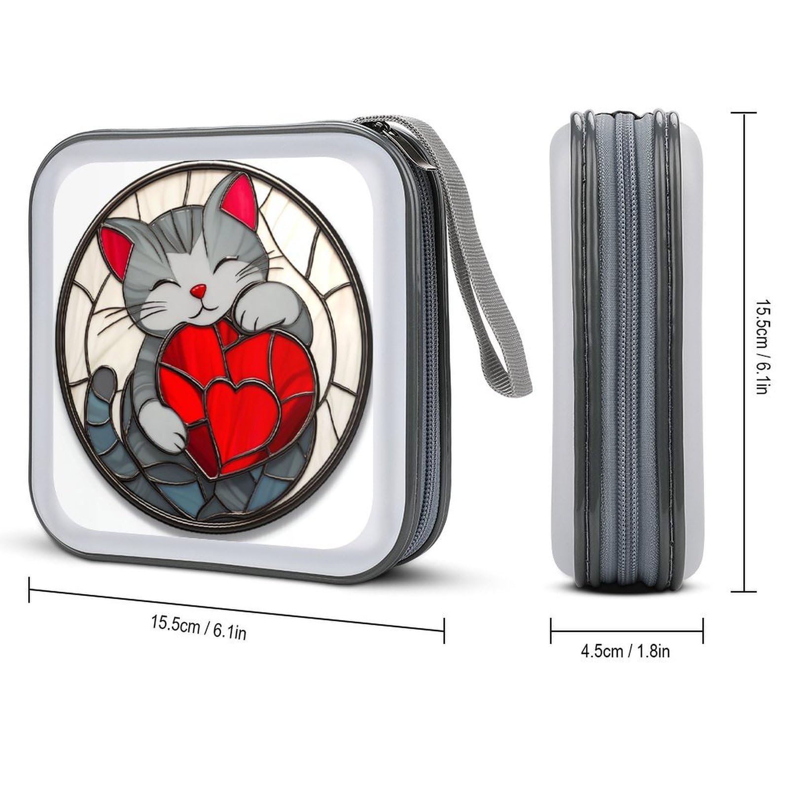 DuduYH Stained Glass Gray Cat Red Heart CD Case DVD Storage Case Portable for Car Home Travel