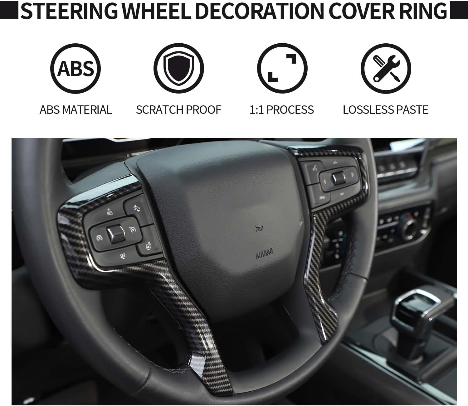 Voodonala for Chevy Silverado Steering Wheel Panel Cover ABS Antidust Carbon Fiber Black Style Steering Wheel Cover Trim Compatible with Chevy Silverado 2019+ (2Pcs/Set,Carbon Fiber Black)