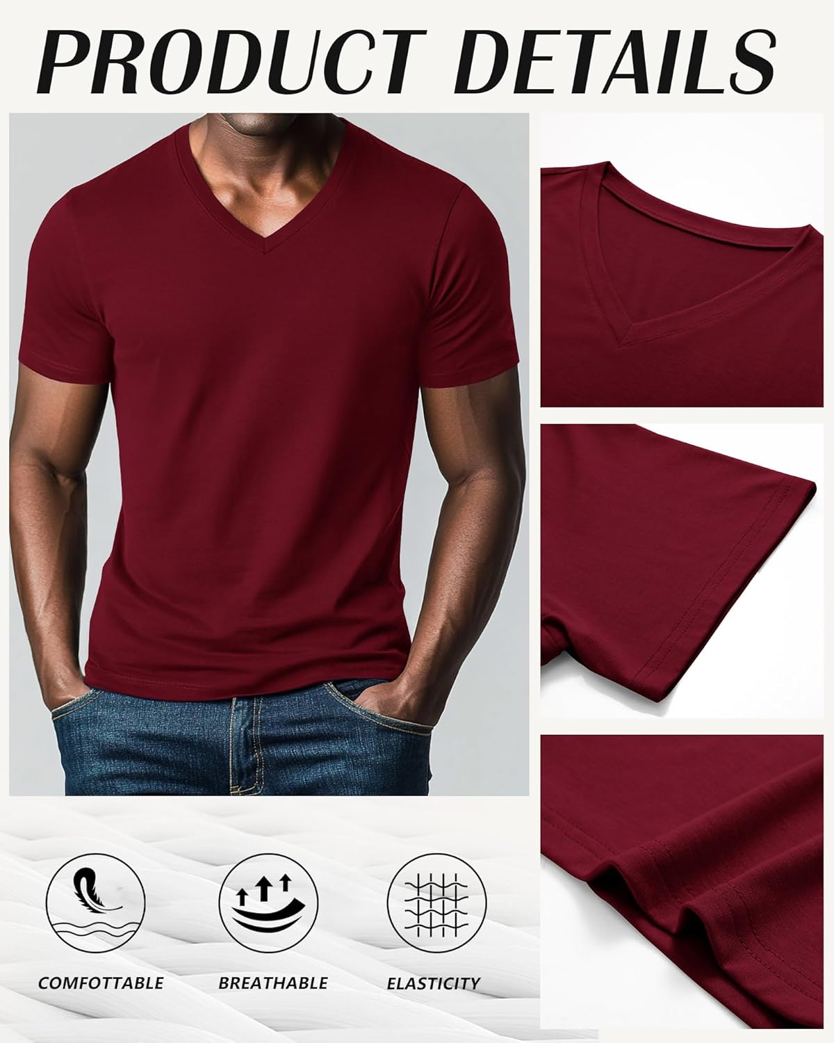 3 Pack Men's Big and Tall T-Shirts, V Neck Cotton Short Sleeve Tees Summer Shirts Basic Slim Fit Tops(Black, Navy, Burgundy,3X-Large) - Image 5