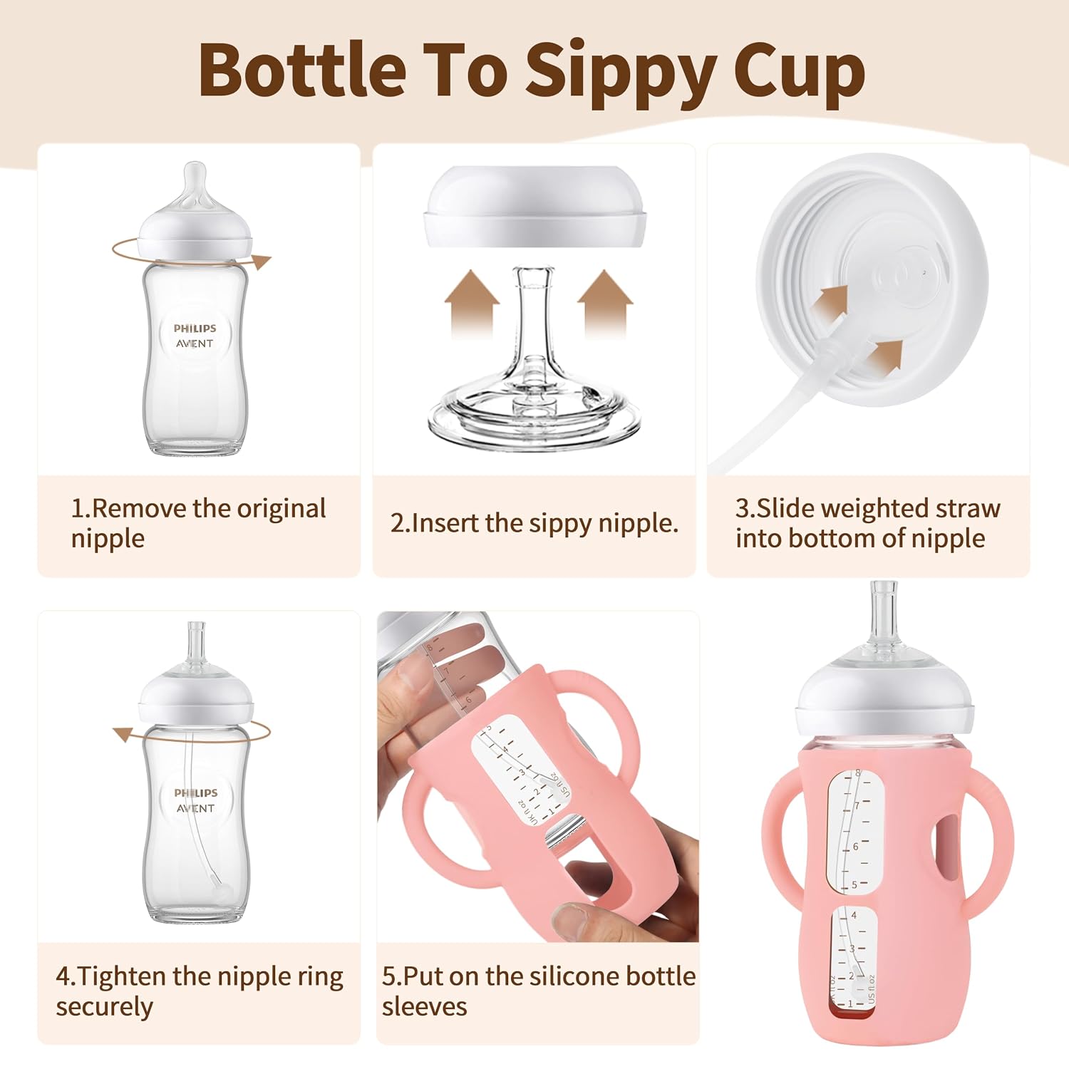 Straw Cup Conversion Kit with Silicone Sleeves for Avent Natural Glass Baby Bottle 8oz, Toddler Sippy Cups Transition Kit w Anti Breakage Bottle Holder Compatible with Philips Baby Bottles, Pink Cream image 5