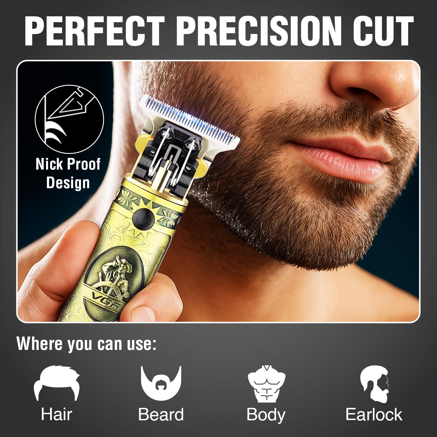 VGR V-228 Trimmer being used for beard, hair, body, and earlobe trimming, demonstrating its versatility.