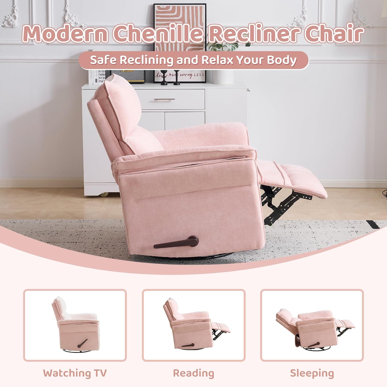 Oversized Swivel Rocker Recliner with Adjustable Headrest, Rocking Chair Nursery with Overstuffed Armrest, Manual Rocker Recliner Nursery Chair for Living Room, Pink