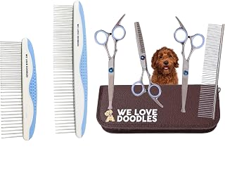 We Love Doodles Rounder Tips Dog Grooming Scissors Kit & Metal Dog Comb - Straight, Curved & Thinning Shear Professional Grade Steel, Dog Combs for Grooming Matting, Metal Dog Grooming Comb 2 Pack