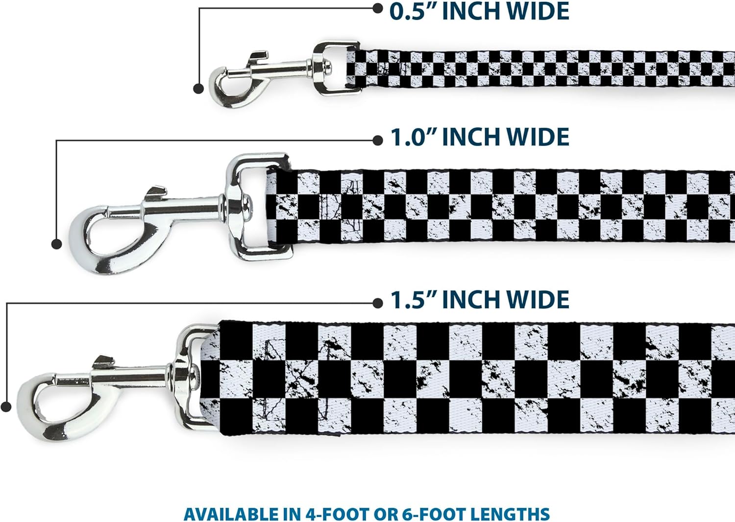 Buckle-Down Pet Leash - Checker Weathered2 Black/White - 6 Feet Long - 1" Wide