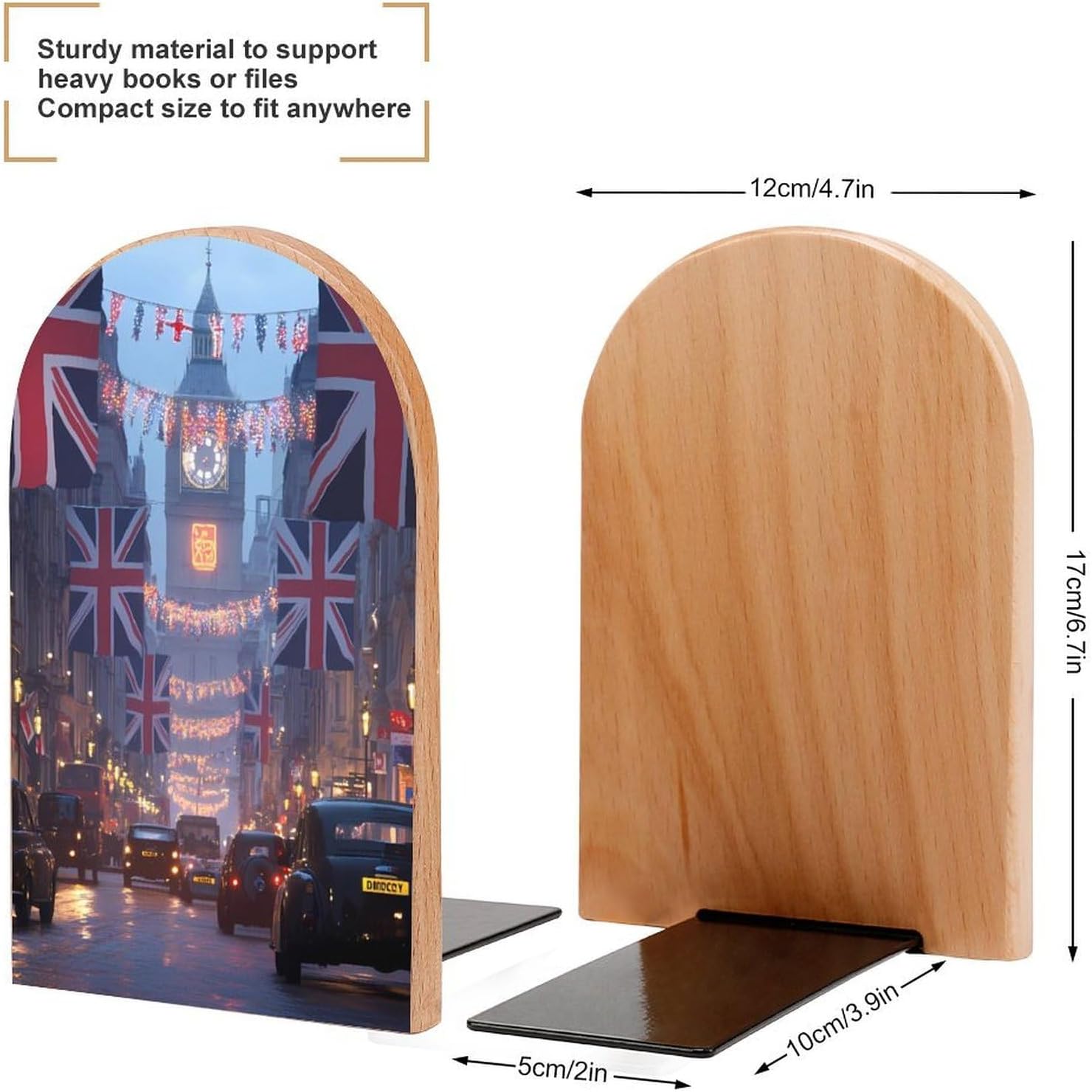 London Street with English Flag Cute Wood Book Ends Decorative Bookends 1 Pair Non-Skid for Shelves Home Office 7 X 5 Inch