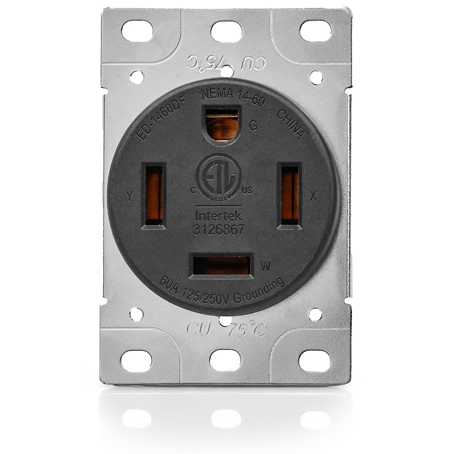 60 Amp 125/250V Power Flush Receptacle Outlet, NEMA 14-60R, Black, Straight Blade, Industrial Grade, Grounding, ETL Listed