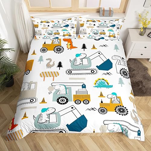 Juego de funda de edredón de construcción, tamaño matrimonial, para niños, niñas, decoración de dinosaurios, juego de funda de edredón con estampado
