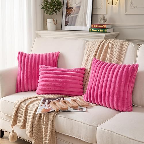 Miniatura 4 de DEELAND Paquete de 2 fundas de cojín decorativas de felpa de pelo sintético de doble cara, fundas de cojín suaves a rayas para sofá, dormitorio,