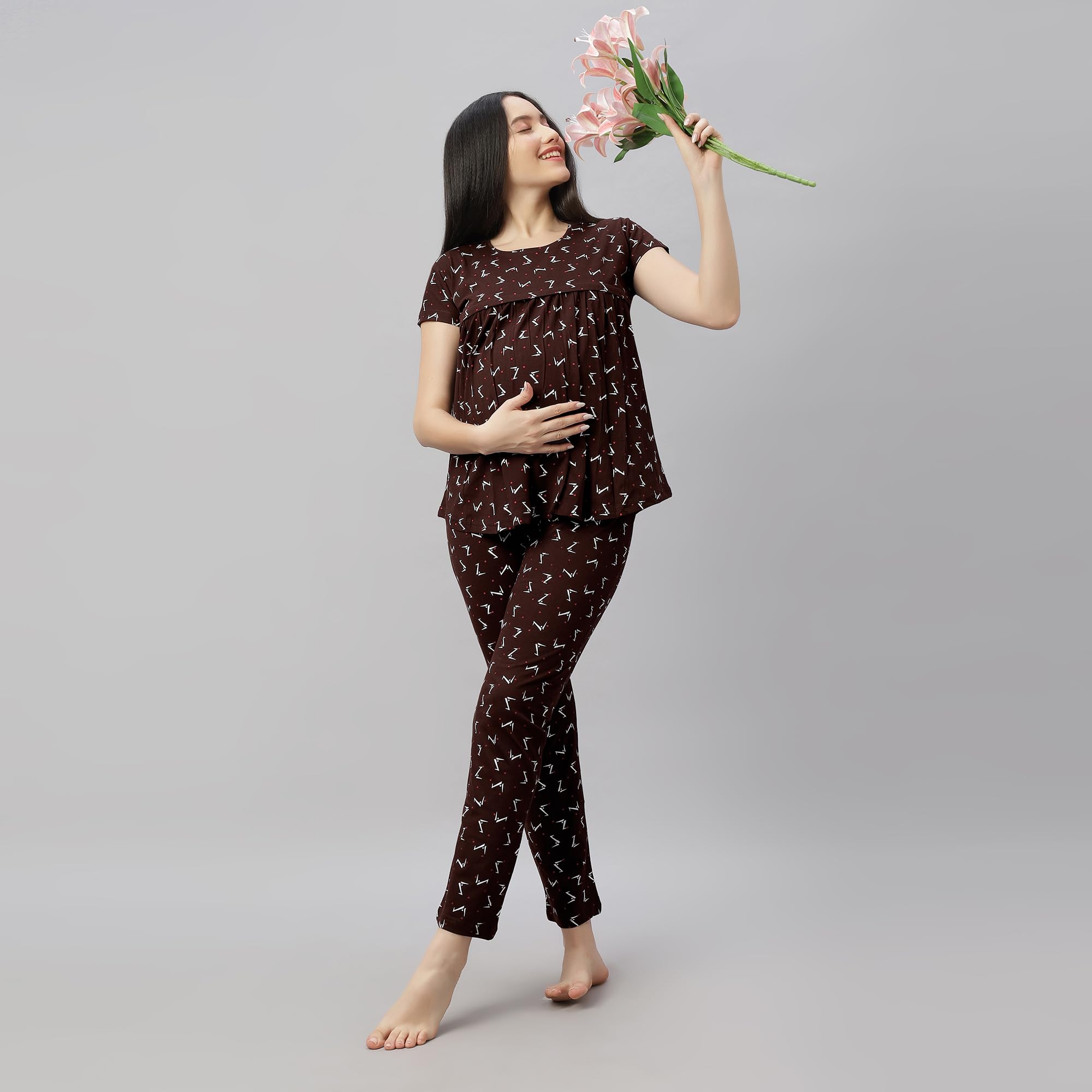 DZZO New Women's Cotton Printed Maternity Night Suit | Comfortable Feeding Night Dress | for Breathable Nursing Pajama Set | Color - Coffee, Size - M - Image 5 thumbnail