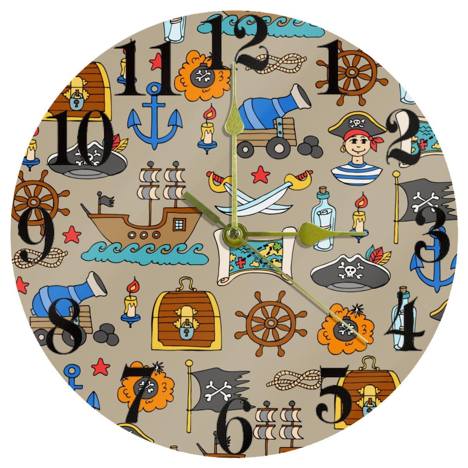 Horloge murale Pirates Adventures de cuisine et bureau, pendule ronde sans tic-tac
