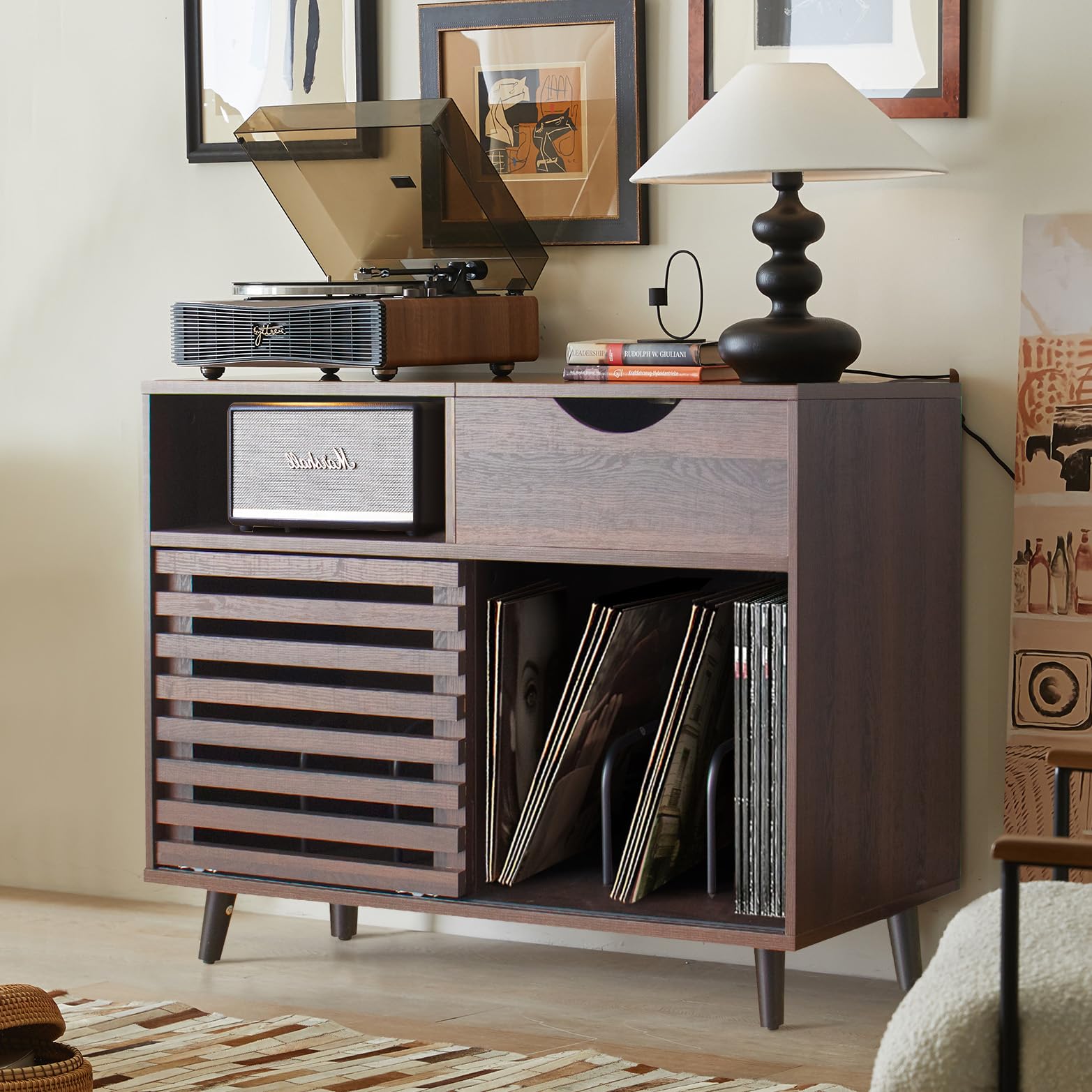 Record Player Stand, Vinyl Record Cabinet with Power Outlet Holds Up to 200 Albums, Turntable Stand Table, Fluted Sliding Door, Living Room(Walnut)