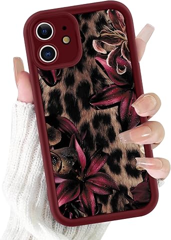 Aesthetic Red Lily Flower Leopard Phone Case for iPhone 11 6.1, Enchanting Vintage Floral Cheetah Pattern Phone Cover Soft Silicone Shockproof Protective Bumper Case for Women Girls