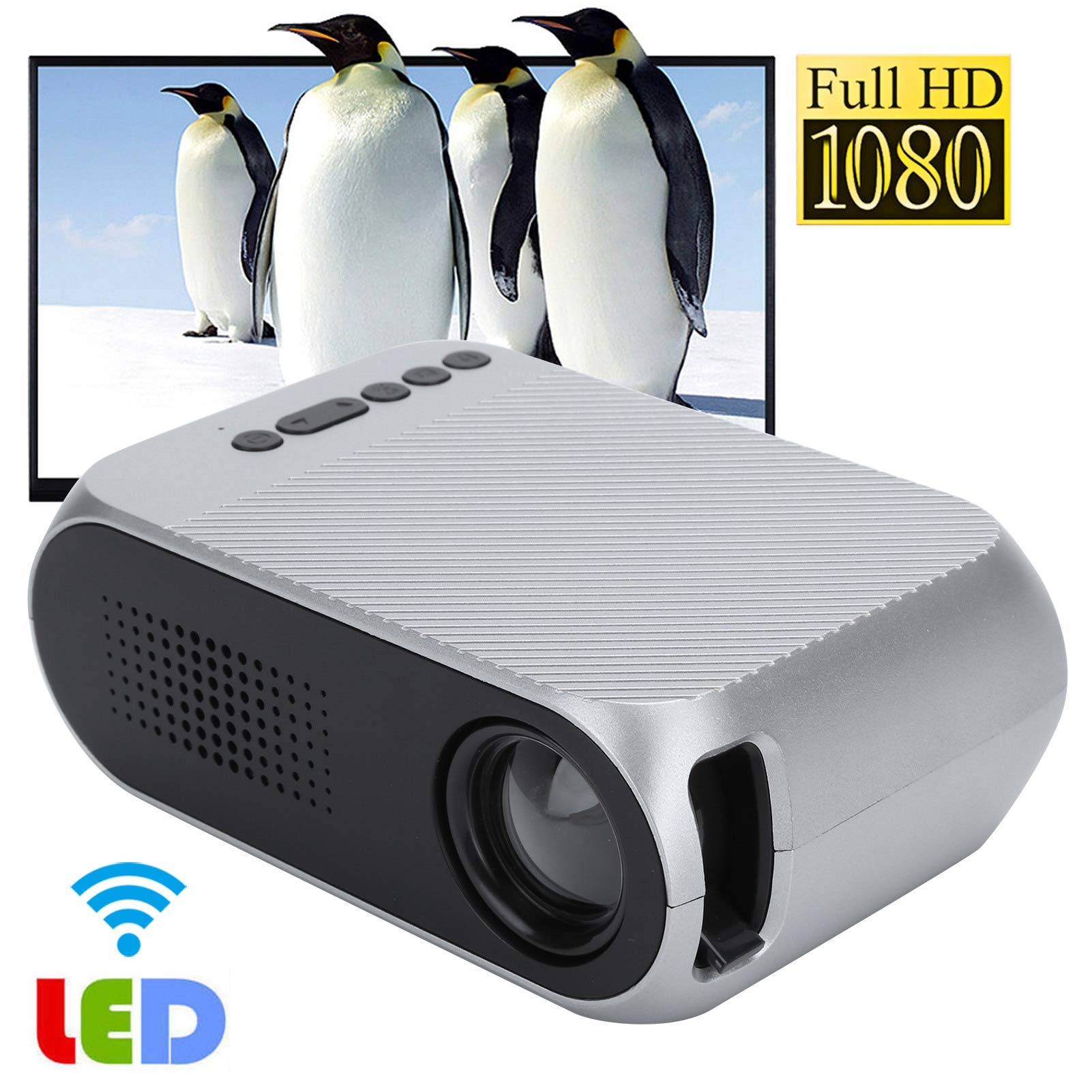 Proiettore Portatile LED da casa Mini 1080P, Messa a Fuoco Manuale 400-600L, Funzione multimediale per filmati Domestici, Compatibile con AV/USB/Scheda di Memoria Micro/HDMI(EU Plug)