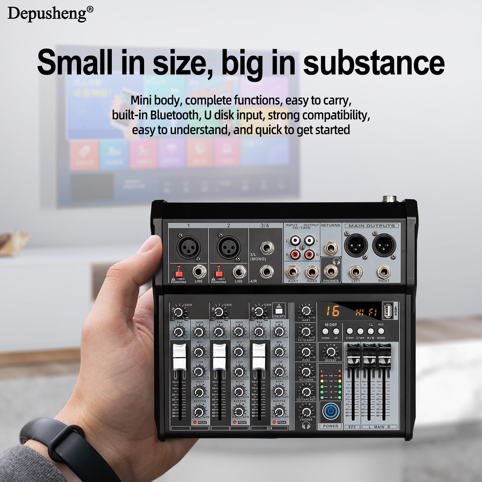 Mezclador de Audio Profesional, 4 Canales, Consola de Mezclas con Interfaz de Sonido, Procesador DSP de 16 Bits, Bluetooth, Phantom +48V para Karaoke, Estudio y Grabación