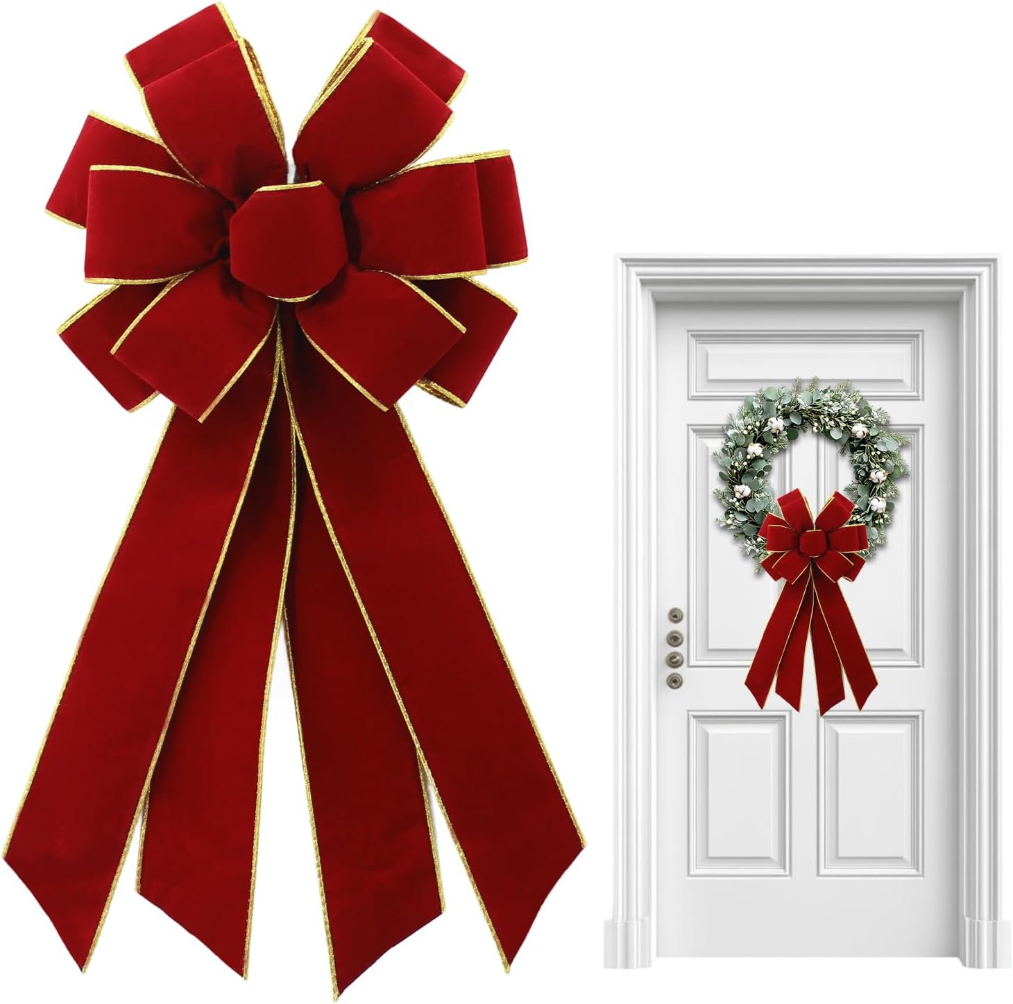 Christmas Wreath Bows for Front Door, Dark Red Velvet Ribbon Bowknot Vintage Burgundy Golden Edge Holiday Bows Accessories for Wreath Christmas Wedding Decorations