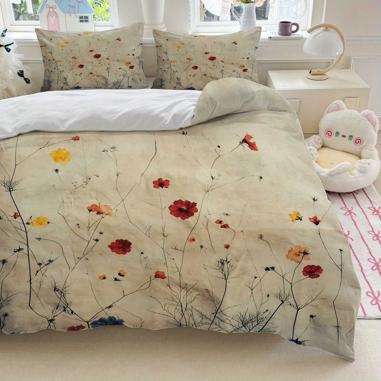 Parure de lit fleurs beige rouge 180x210 cm pour un linge de lit doux et sans plis