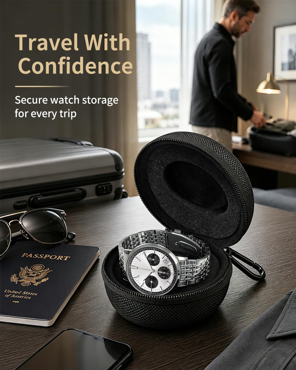 Travel Watch Case for Men: Hard Shell Single Watch Storage Box with Soft Interior - Portable Organizer Box for Wristwatches & Smart Watches up to 50mm (Black)