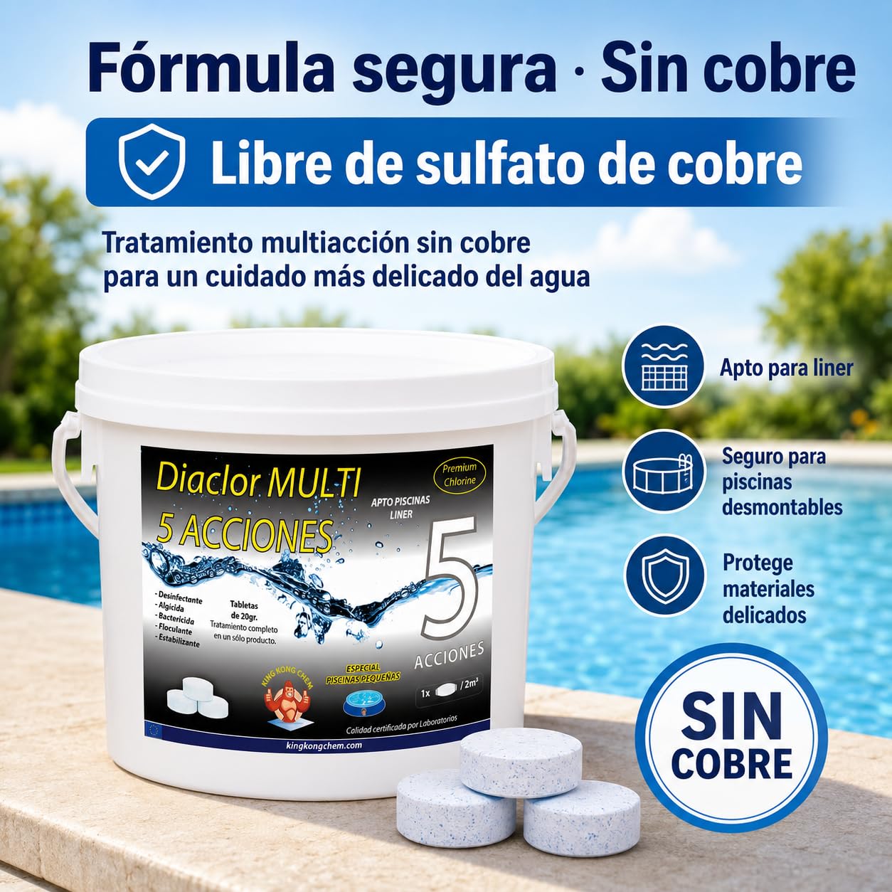 Cloro Piscinas Pequeñas DIACLOR Multi 5 ACCIONES 3 KG - Pastillas de Cloro Lento (20 gr- 3 cm Diámetro) - Tratamiento Completo Multiacción - SIN Cobre -