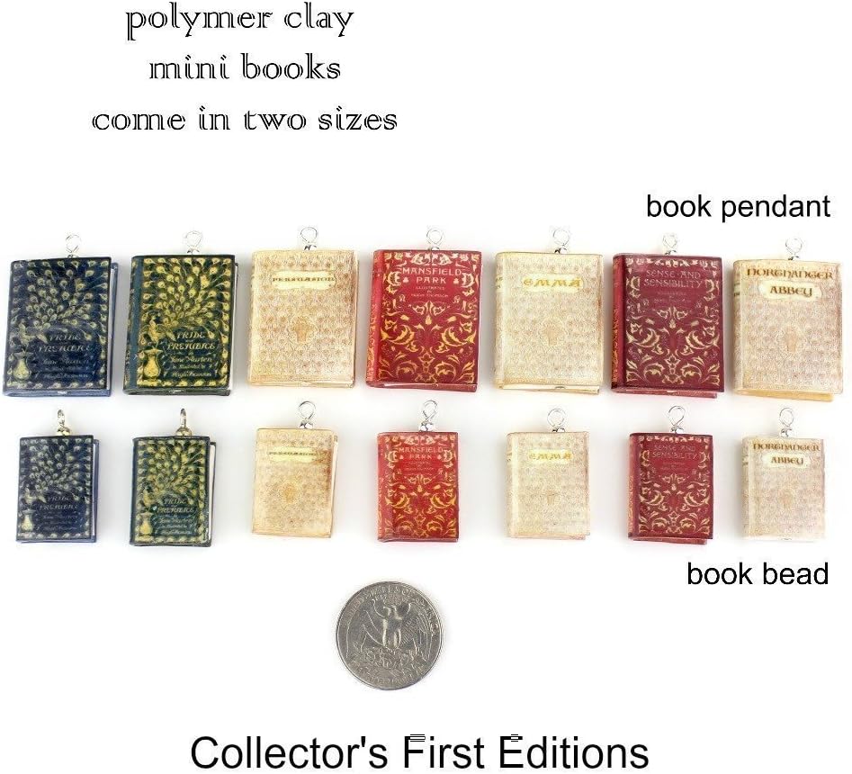 Pride and Prejudice Jane Austen Clay Mini Book Bead Pendant Necklace Chain Cord Extender Unisex