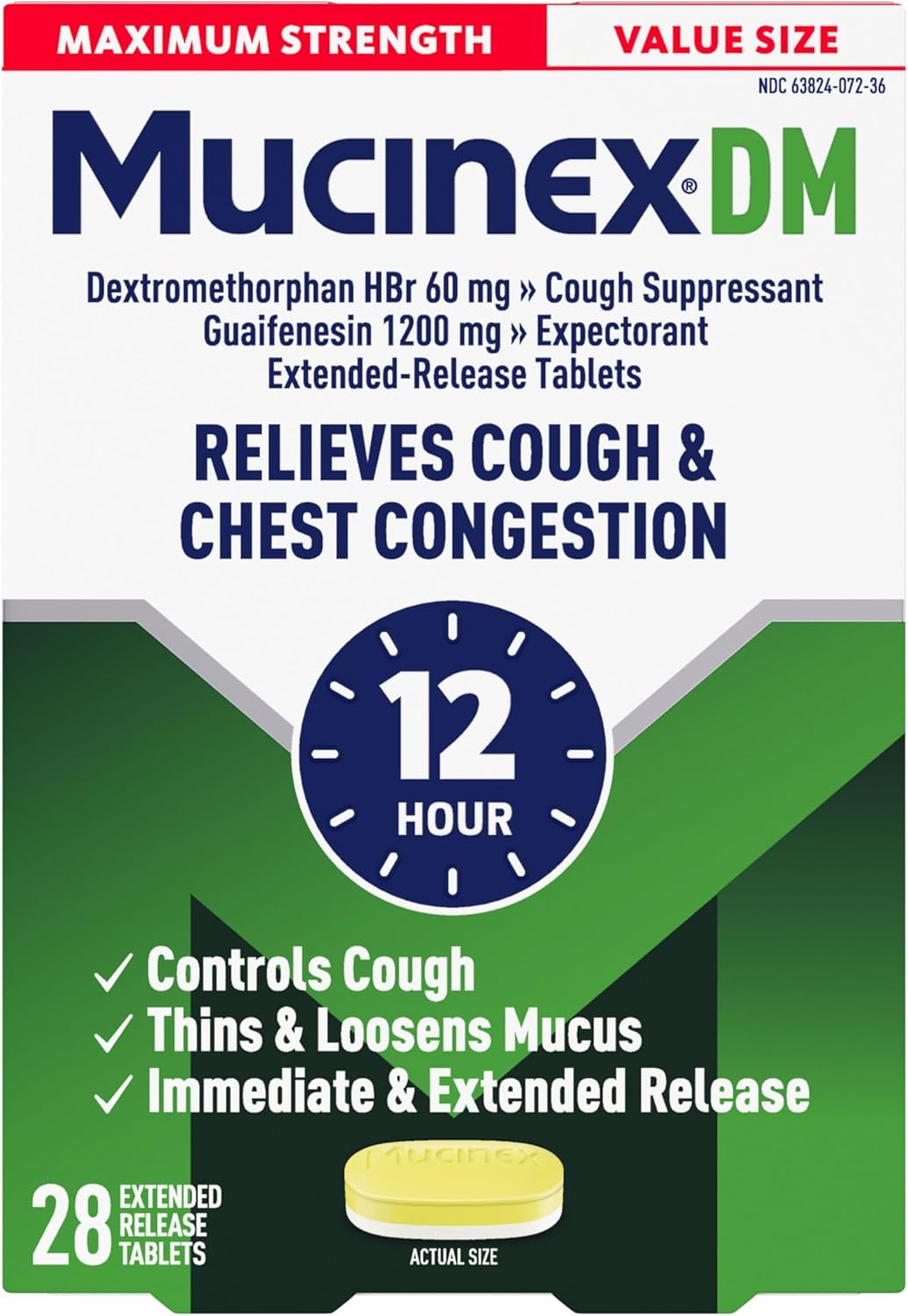 Mucinex DM Maximum Strength Cough Suppressant & Expectorant Tablets, 28ct - 1200mg Guaifenesin (Pack of 2)