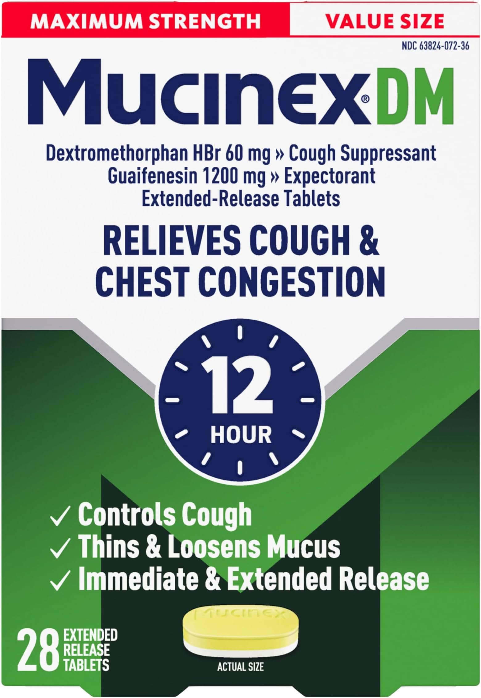 DM 12Hr Maximum Strength Chest Congestion & Cough Medicine for Adults, Cold and Cough Medicine for Excess Mucus Relief, 1200 mg Guaifenesin & 60 mg Dextromethorphan HBr, 28 Bi-Layer Tablets
