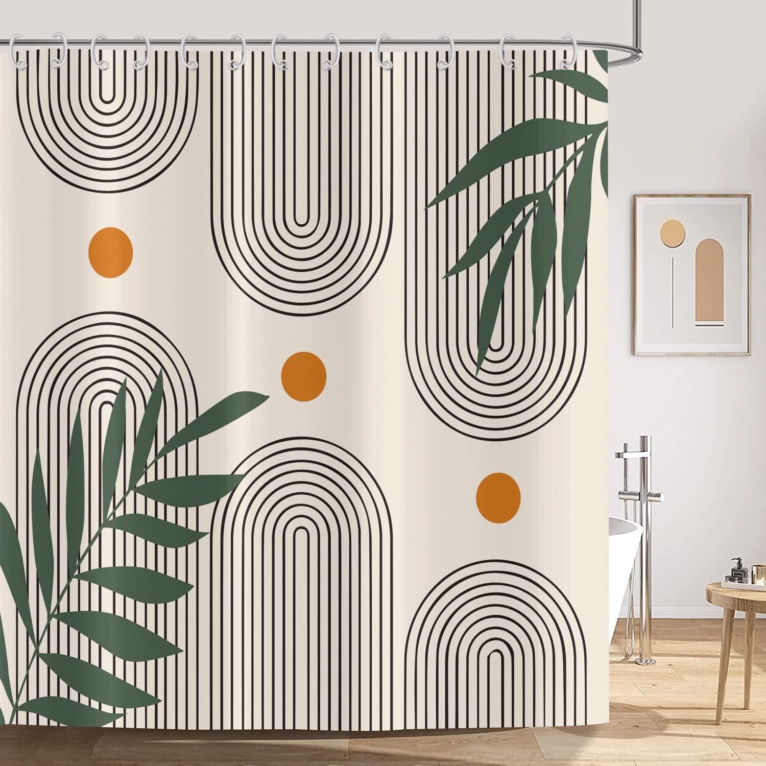 ASDCXZ Boho Style Shower Curtain 90x180 cm, Modern Abstract Art Green Leaves Orange Sun Line Beige Washable Shower Curtains Polyester Textile Waterproof Bathtub Curtain for Bathtub with 6 Hook — image 1