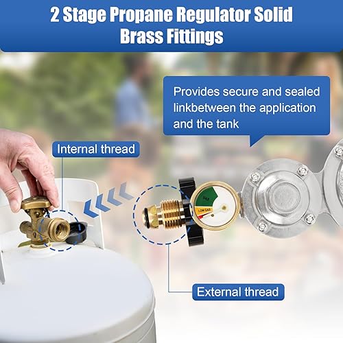 Miniatura 5 de Regulador vertical de propano de 2 etapas con POL y medidor, regulador de propano de dos etapas conexión estándar 38 hembra NPT, regulador de doble