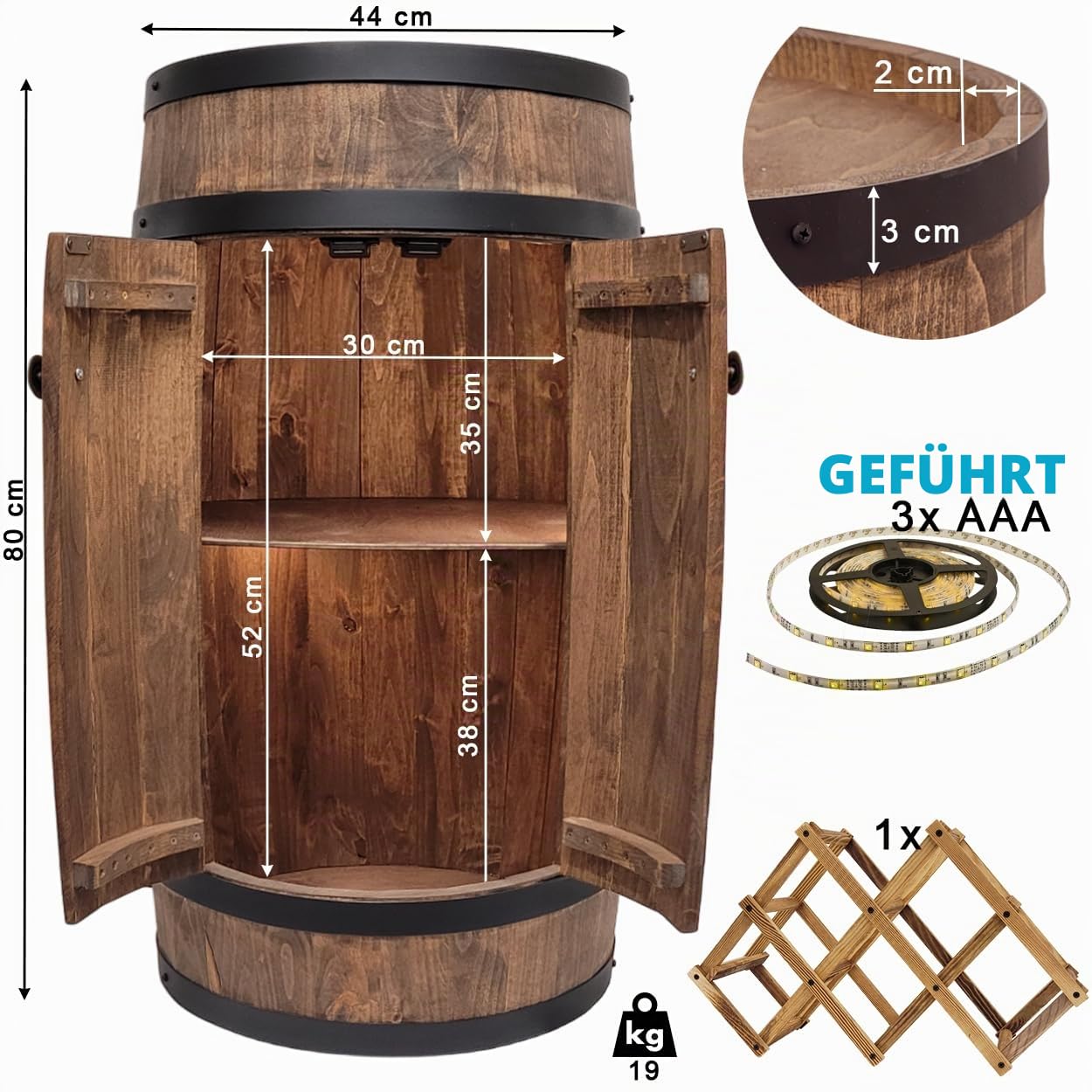 weeco - Fassbar LED mit Tür und Weinhalter - Weinregal. Fass Hausbar Weinrack 80x50cm. Rustikaler deko Barschrank Weinständer. Fassbier, Whiskybar. Flaschenständer Bar Kabinett (Dunkel Wenge)