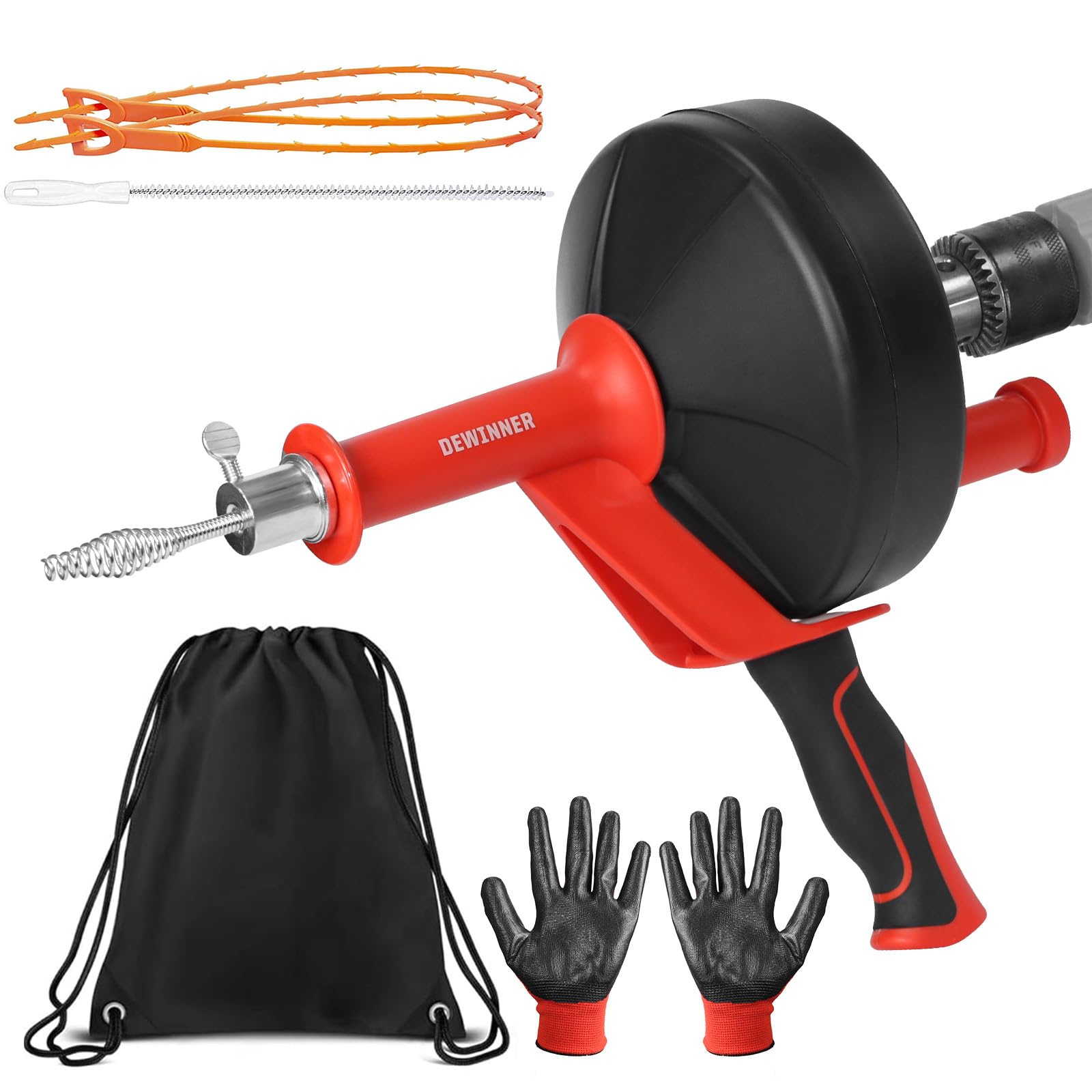 DEWINNER Rohrreinigungsspirale 10m mit Bohraufsatz - Manuell & Elektrisch Abflussreiniger Komplettset inkl. Handschuhe - Für Küche, Waschbecken, Dusche, Badewanne