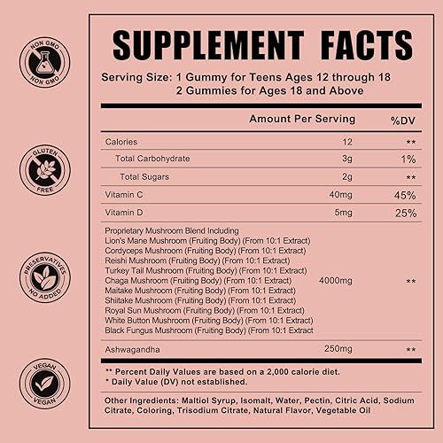 Miniatura 7 de Gomitas de hongos de melena de león para adultos, 4000 mg de extracto de hongo y 250 mg de Ashwagandha, apoyo cognitivo, estado de ánimo, salud y