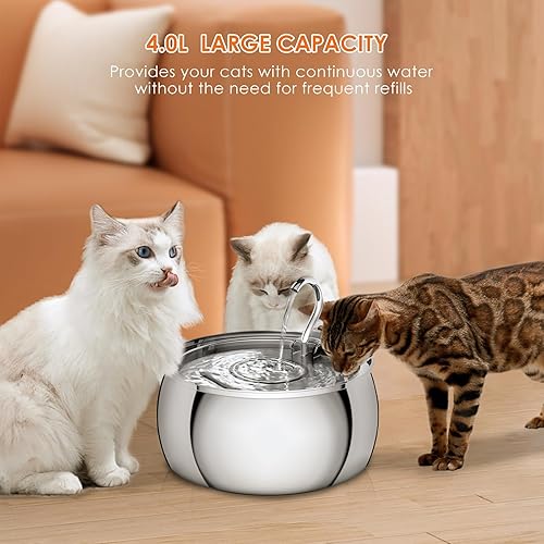 Miniatura 4 de FWMB Fuente de agua para gatos de acero inoxidable de 4.0L1.1 galones para beber, fuente de agua para mascotas para gatos en interiores, bomba ultra