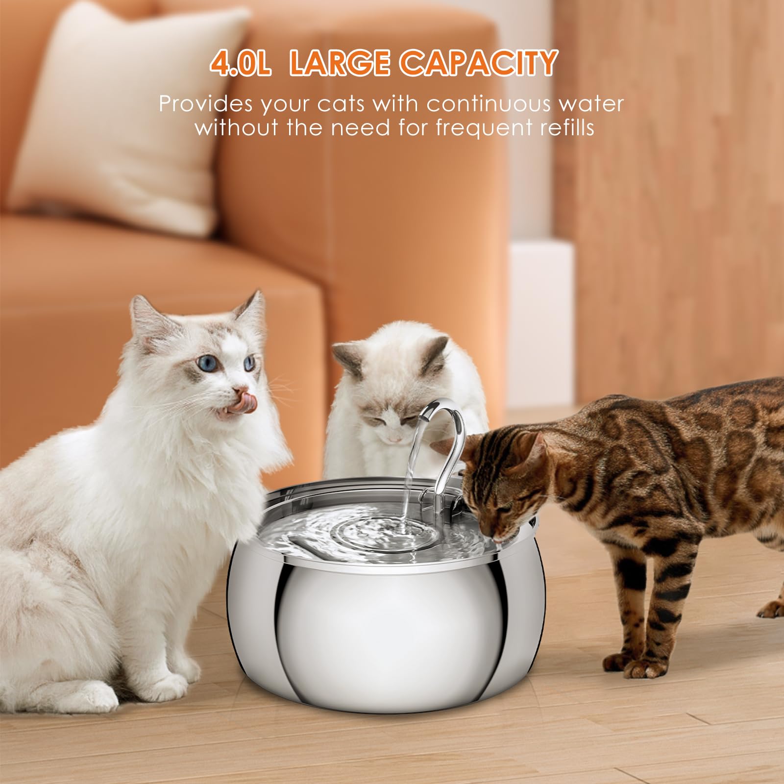 FWMB 4.0L Stainless Steel Cat Water Fountain – Ultra-Quiet, With Faucet Stream & Multi-Filter
