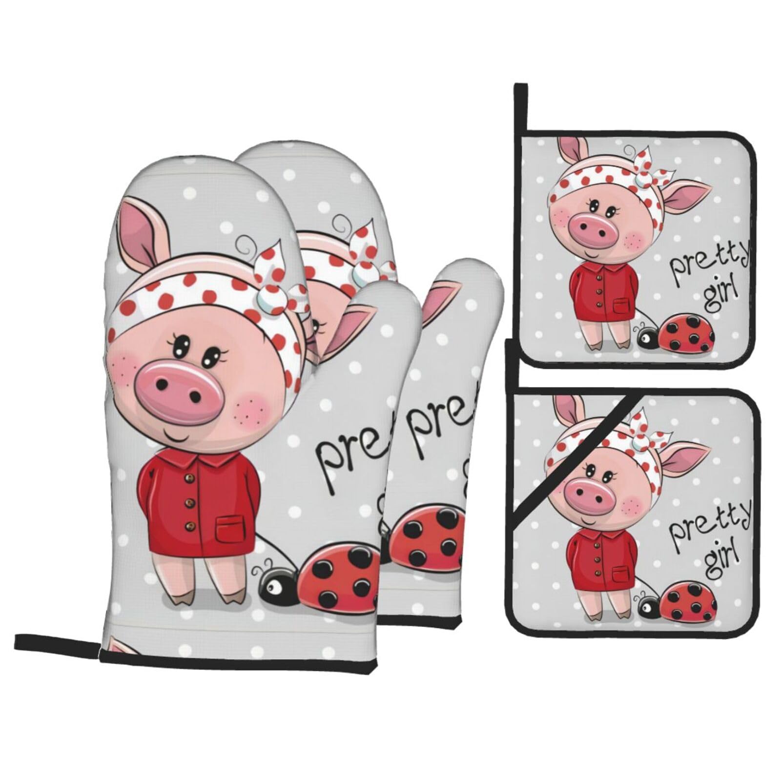 YYHHAOFA Pink pig Prints Kitchen Baking Set with Heat Resistant Pot Holders & Oven Mitts - Waterproof Layer for Hot Dishes, Grill & Microwave