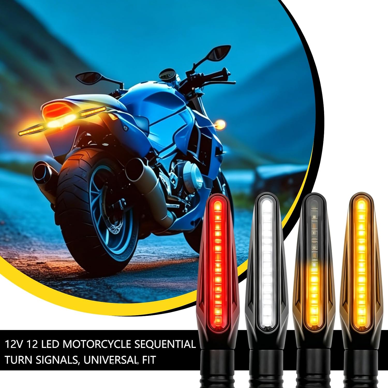 Super Bright 4PCS Flowing Motorcycle Turn Signal Lights, 12V LED Brake Light Daytime Running Light White Red Amber Universal for Motorbike Scooter Quad Cruiser Off Road Vehicles