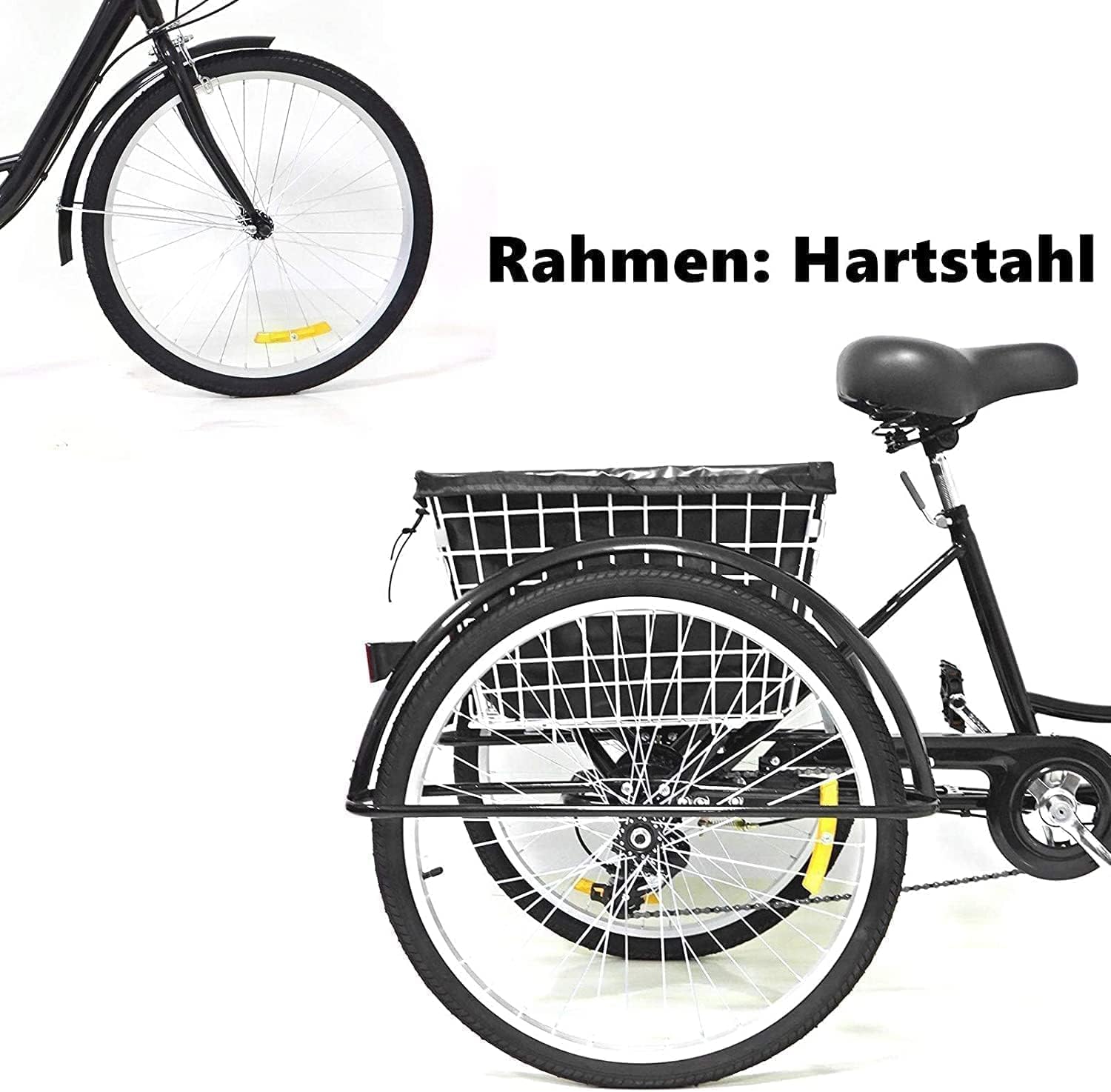 24" Dreiräder Erwachsene mit Korb - 8 Gang Dreirad für Erwachsene 110KG Last Höhenverstellbar 3 Räder Fahrrad Cityräder Cruise Einkaufsrad für 155-185cm Senioren Frauen Ältere(Schwarz)