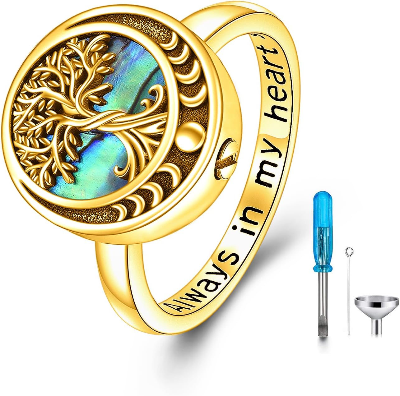 GEHN Tree of Life Urn Ring for Ashes Personalized 10K 14K 18K Real Gold Moon Phase Solar Eclipse Urn Ring Abalone Shell Jewelry Engraved Name Customized Cremation Memorial Keepsake Jewelry Gifts for Women Mom Grandma