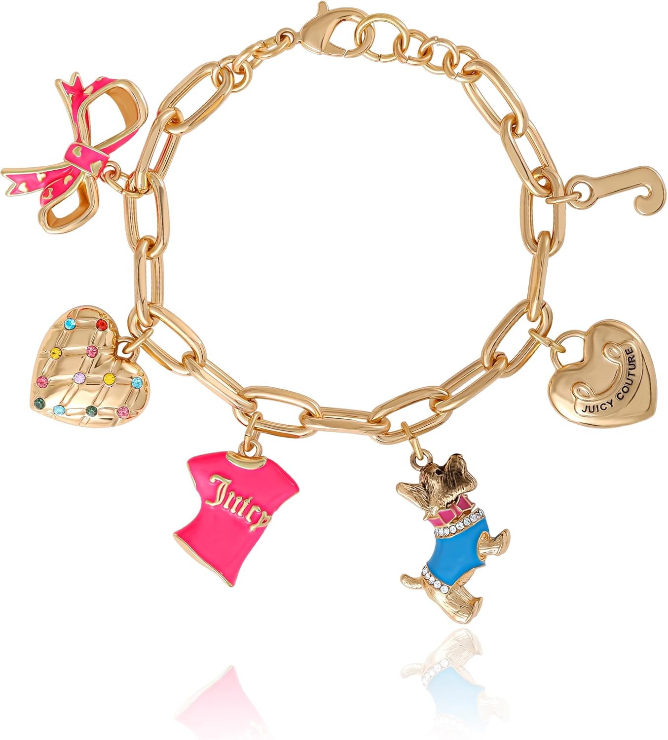 Juicy Couture Scottie Dog Charm Bracelet 7.5", Gold-Tone Chunky Bracelet with Scottie, Bow, Logo, and Heart Charms