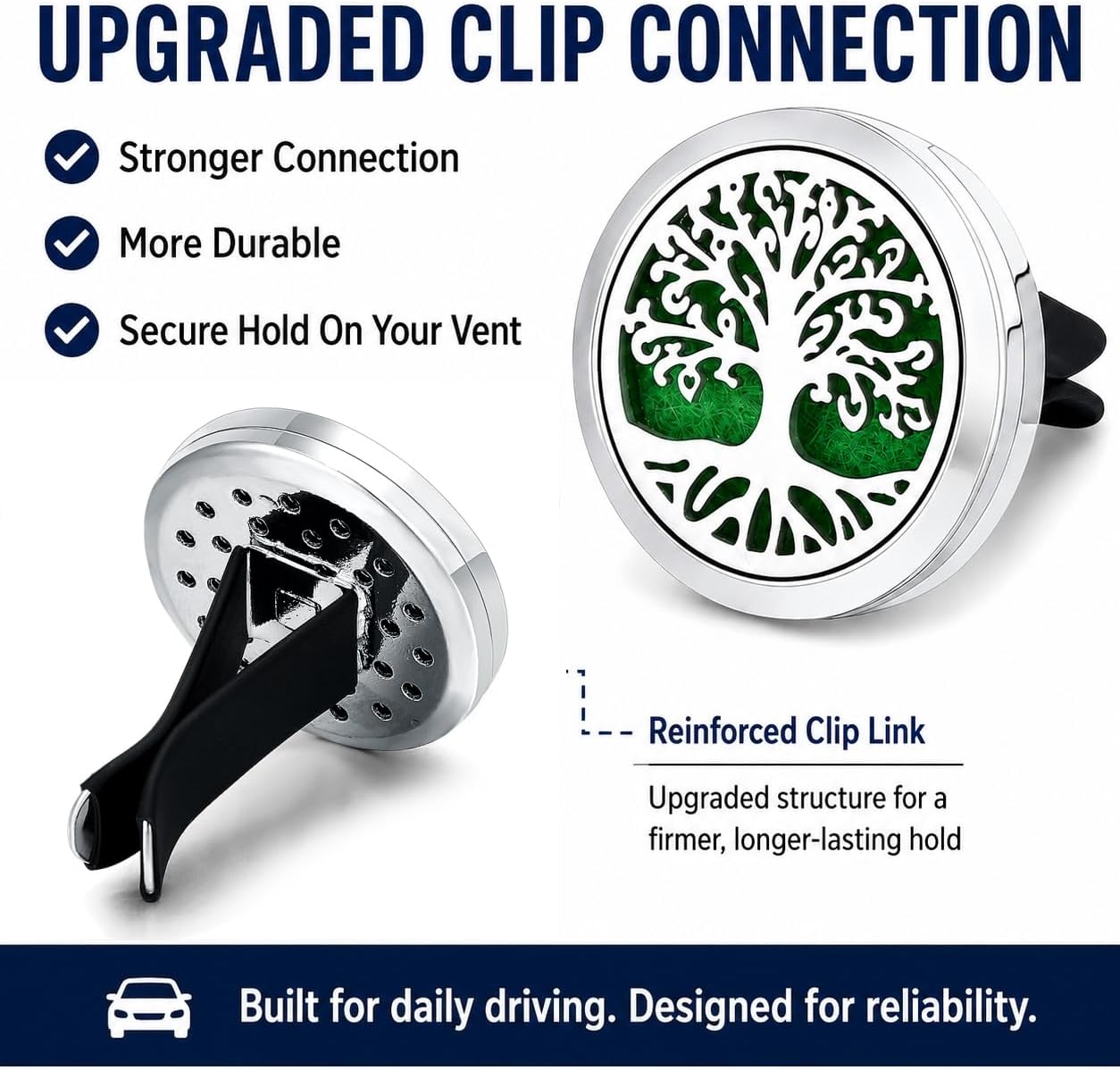 2PCS 30mm Car Aromatherapy Essential Oil Diffuser Stainless Steel Locket with Vent Clip 30 Felt Pads Tree of Life Pattern (Silverly)