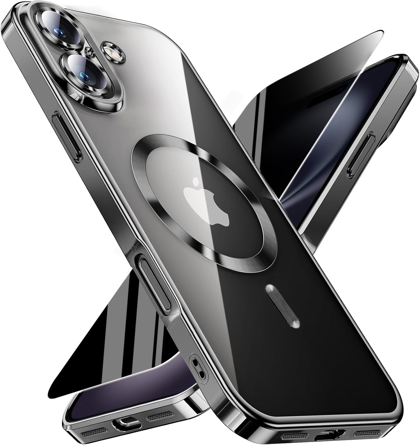 Magnetic for iPhone 16 Plus Case with Privacy Screen Protector &amp; Full Camera Cover,[Non-Yellowing] Plating Glossy Soft Shockproof Clear Phone Case with MagSafe Women Girls for iPhone 16Plus 6.7",Black