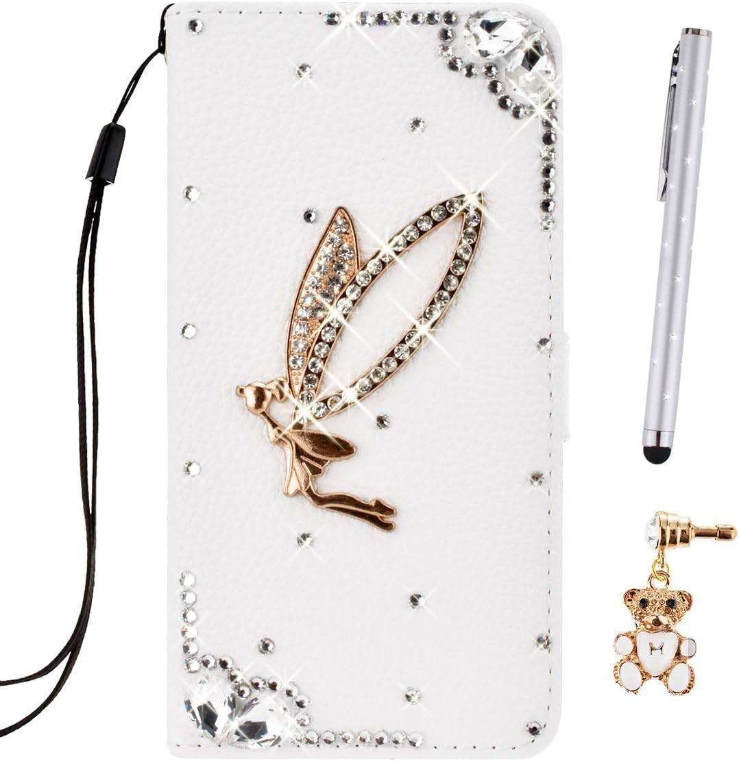 LazyBear 3 in 1 Samsung Galaxy A3 (2016) Phone Case Bling Glitter 3D Diamond Elegant PU Wallet Stand Function Leather Case (White angel) Smartphone Slim Bookstyle with Magnetic Closure Card Slot Holder and Lanyard Strap Carrying Protective Case for Samsung Galaxy A3 (2016) x 1 & Anti Dust Plug x 1 & Stylus Pen x 1