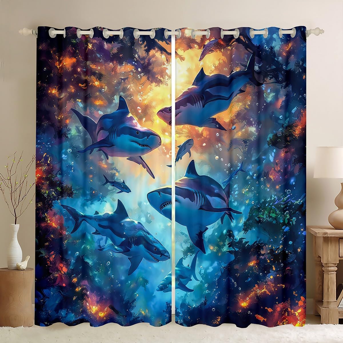 Erosebridal Shark Window Curtain Sea Underwater Animals Curtain Boys 38" Wx45 L 2 Panels,Marine Life Creature Window Treatments Sealife Coastal Curtains & Drapes,Blue