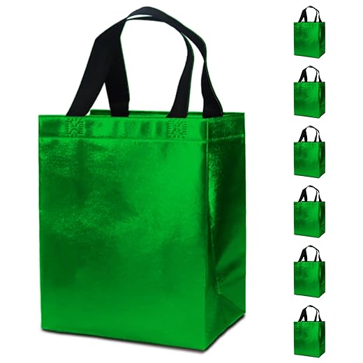 FONXHEE 6 Pack Gold Gift Bags with Tissues, Medium Reusable Gift Bags with Handles, Sturdy, Glossy Metallic Non Woven Gift Bags for Wedding Christmas Party Birthday, 8 x 4 x 10 Inch